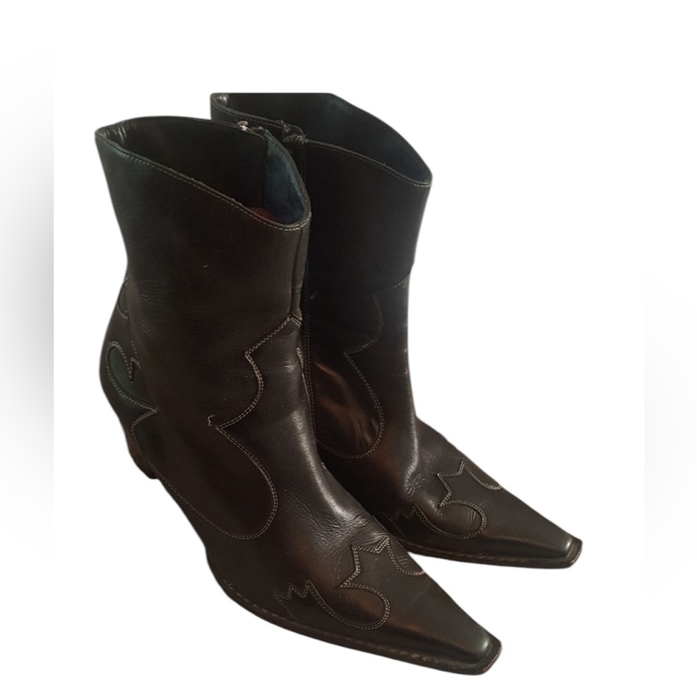 VINTAGE PAUL GREEN Western Cowgirl Cowboy Black Leather Pointed Toe Ankle Boots - Picture 3 of 16